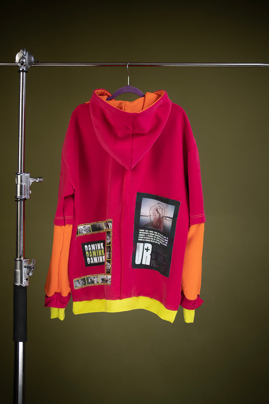 DISTRESSED MAGENTA ORANGE OVERSIZED HOODIE